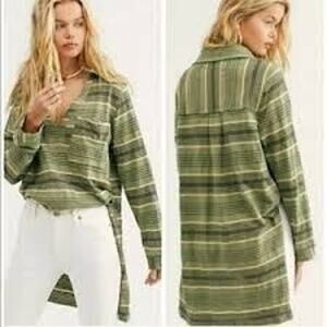 Free People Beach Breaker Pure Cotton Striped Flowing High Low Collared Tunic